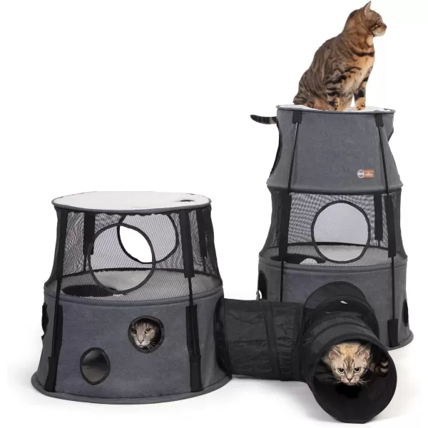 KH Pet Products Cat Playground Bundle with 3 Level Tower  Straight Tunnel Tube  2 Level Tower Cat Tower Tree Condo for Indoor Cat Playground Kitty Activity Tree Cave Cozy Hideaway Center GrayClassy Gray