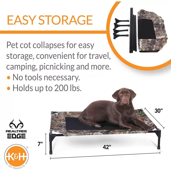 KH Pet Products Elevated Outdoor Dog Cot Bed Raised Cooling Bed with Washable Breathable Mesh for Large Dogs Portable Raised Platform Pet Bed Heavy Duty Metal Frame Hammock Bed Jumbo TanRealtree Edge CamoBlack Mesh