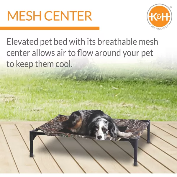 KH Pet Products Elevated Outdoor Dog Cot Bed Raised Cooling Bed with Washable Breathable Mesh for Large Dogs Portable Raised Platform Pet Bed Heavy Duty Metal Frame Hammock Bed Jumbo TanRealtree Edge CamoBlack Mesh