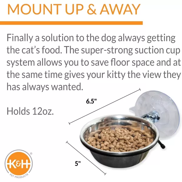 KampH Pet Products EZ Mount Up and Away Kitty Diner Cat Food Bowl that Mounts to Windows StainlessBlack 12 Ounces12oz