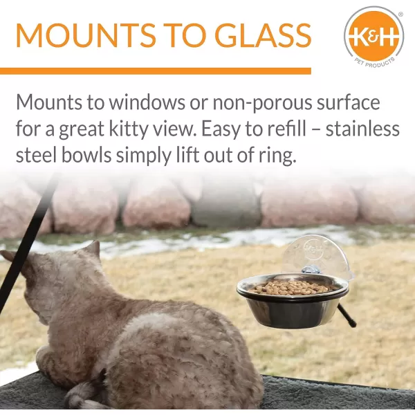 KampH Pet Products EZ Mount Up and Away Kitty Diner Cat Food Bowl that Mounts to Windows StainlessBlack 12 Ounces12oz