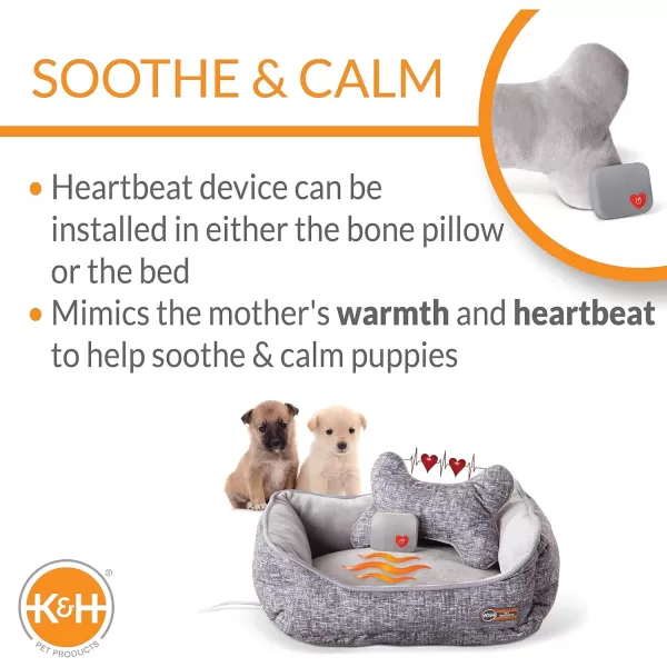 KampH Pet Products Mothers Heartbeat Heated Dog Bed with Bone Pillow Heartbeat Puppy Toy New Puppy Essential Heated Puppy Bed  Dog Anxiety Toy  Gray 13 X 16 Inches w Medium Breed Heartbeat Rhythm160L x 130W x 60Th