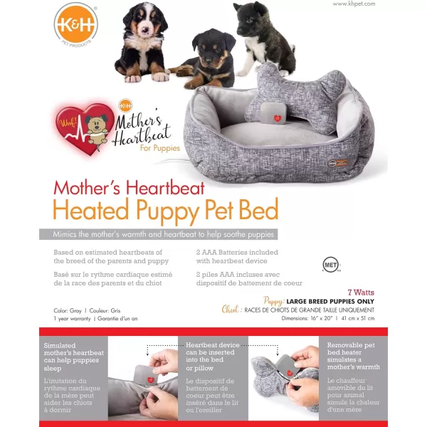 KampH Pet Products Mothers Heartbeat Heated Dog Bed with Bone Pillow Heartbeat Puppy Toy New Puppy Essential Heated Puppy Bed  Dog Anxiety Toy  Gray 13 X 16 Inches w Medium Breed Heartbeat Rhythm200L x 160W x 80Th