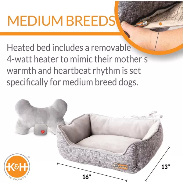 KampH Pet Products Mothers Heartbeat Heated Dog Bed with Bone Pillow Heartbeat Puppy Toy New Puppy Essential Heated Puppy Bed  Dog Anxiety Toy  Gray 13 X 16 Inches w Medium Breed Heartbeat Rhythm160L x 130W x 60Th