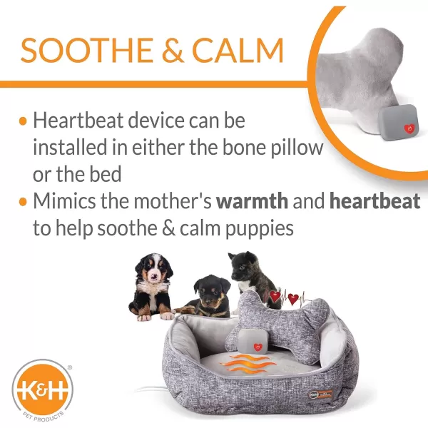 KampH Pet Products Mothers Heartbeat Heated Dog Bed with Bone Pillow Heartbeat Puppy Toy New Puppy Essential Heated Puppy Bed  Dog Anxiety Toy  Gray 13 X 16 Inches w Medium Breed Heartbeat Rhythm200L x 160W x 80Th