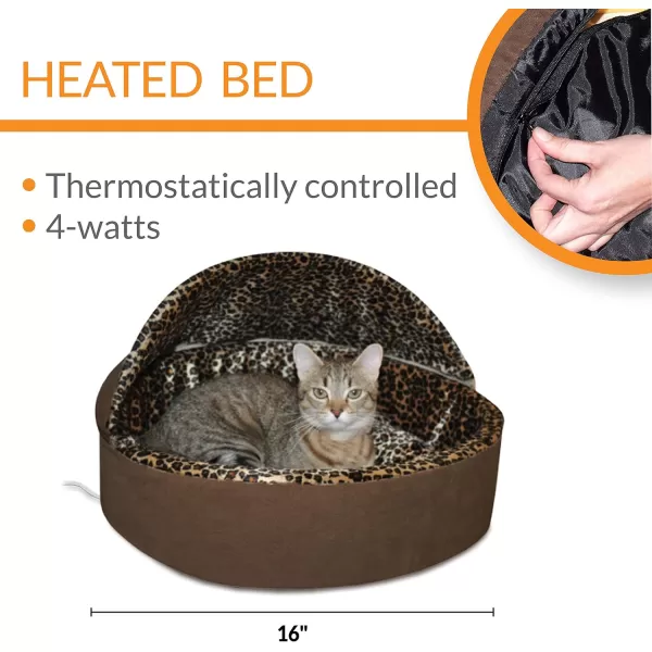 KampH Pet Products ThermoKitty Bed Deluxe Indoor Heated Cat Bed MochaLeopard Small 16 Inches160L x 160W x 140Th Recyclable Box Mocha