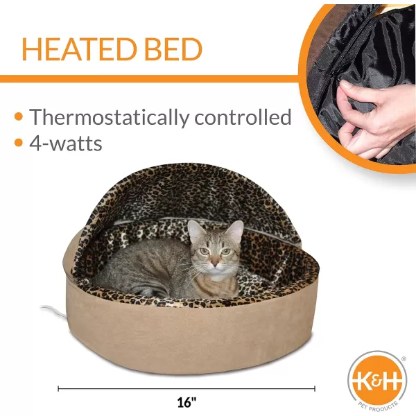 KampH Pet Products ThermoKitty Bed Deluxe Indoor Heated Cat Bed MochaLeopard Small 16 Inches160L x 160W x 140Th Recyclable Box Tan