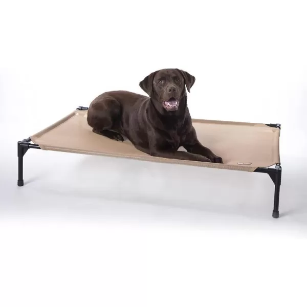 KH Pet Products Elevated Outdoor Dog Cot Bed Raised Cooling Bed with Washable Breathable Mesh for Large Dogs Portable Raised Platform Pet Bed Heavy Duty Metal Frame Hammock Bed Jumbo TanAll Season Tan Mesh