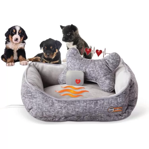 KampH Pet Products Mothers Heartbeat Heated Dog Bed with Bone Pillow Heartbeat Puppy Toy New Puppy Essential Heated Puppy Bed  Dog Anxiety Toy  Gray 13 X 16 Inches w Medium Breed Heartbeat Rhythm200L x 160W x 80Th