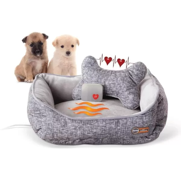 KampH Pet Products Mothers Heartbeat Heated Dog Bed with Bone Pillow Heartbeat Puppy Toy New Puppy Essential Heated Puppy Bed  Dog Anxiety Toy  Gray 13 X 16 Inches w Medium Breed Heartbeat Rhythm160L x 130W x 60Th