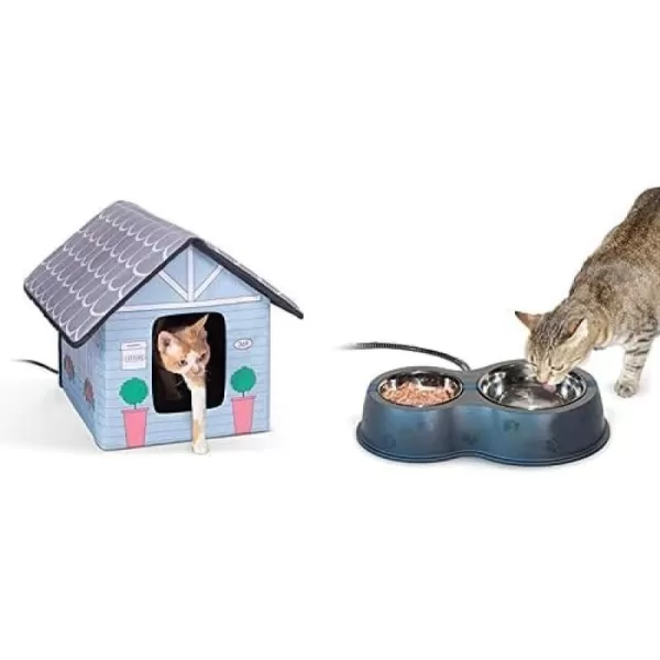 KampH Pet Products Original Outdoor Heated Kitty House Cat Shelter 19 X 22 X 17 Inches Log Cabin Design  ThermoKitty Caf Outdoor Heated Cat BowlCottage Design