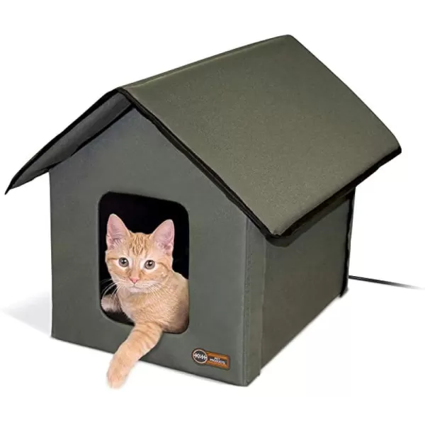 KampH Pet Products Outdoor Heated Kitty House Outdoor Cat House for Outside Community Cats Strays and Ferals Insulated Shelter Warming Cold Weather House with Heated Pad for Winter Cottage DesignHeated Olive Green