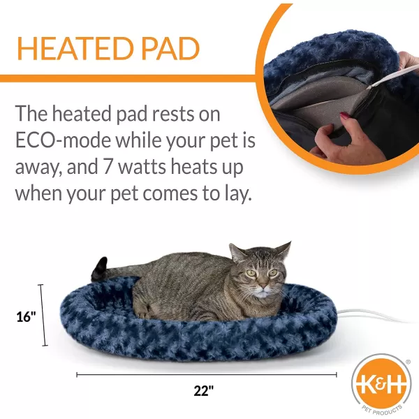 KampH Pet Products Heated ThermoKitty Fashion Splash Indoor Cat Bed Orthopedic Foam Base Heated Bed for Dogs or Cats with Removable Waterproof Heater Mocha Small 18 Inches Round220L x 160W x 30Th Blue Splash