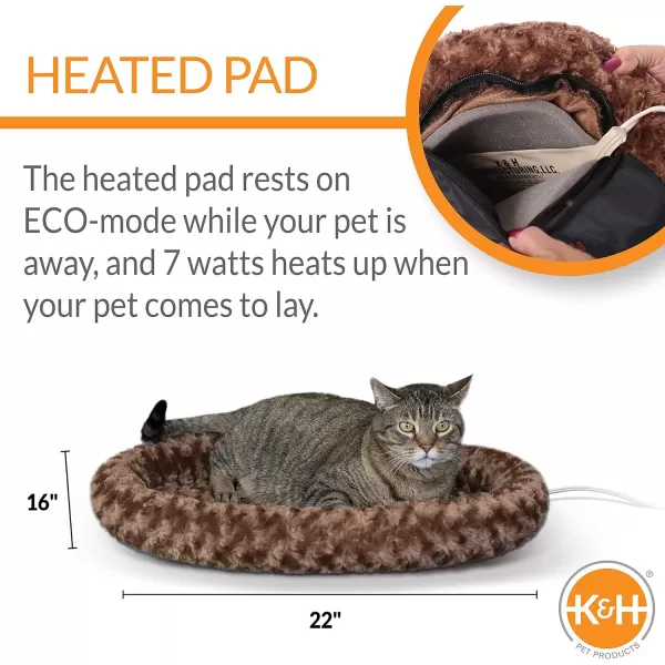 KampH Pet Products Heated ThermoKitty Fashion Splash Indoor Cat Bed Orthopedic Foam Base Heated Bed for Dogs or Cats with Removable Waterproof Heater Mocha Small 18 Inches Round220L x 160W x 30Th Mocha Splash