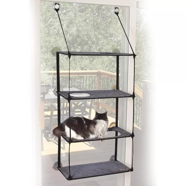 KampH Pet Products EZ Mount Window Sill Cat Bed Cat Window Hammock Sturdy Cat Window Perch for Large Cats Cat Window Bed Cat Furniture Cat Hammock for Window Cat Perch Cat Shelf  Triple Stack Gray12 X 23 Inches Quad Stack