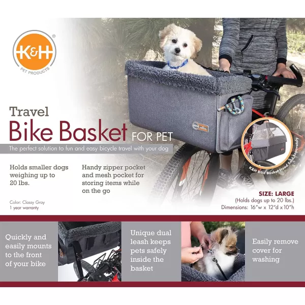 KampH Pet Products Universal Bike Pet Carrier for Travel Cat and Dog Bicycle Baskets Classy Gray Large 12 X 16 X 10 InchesLarge Front Mount Basket