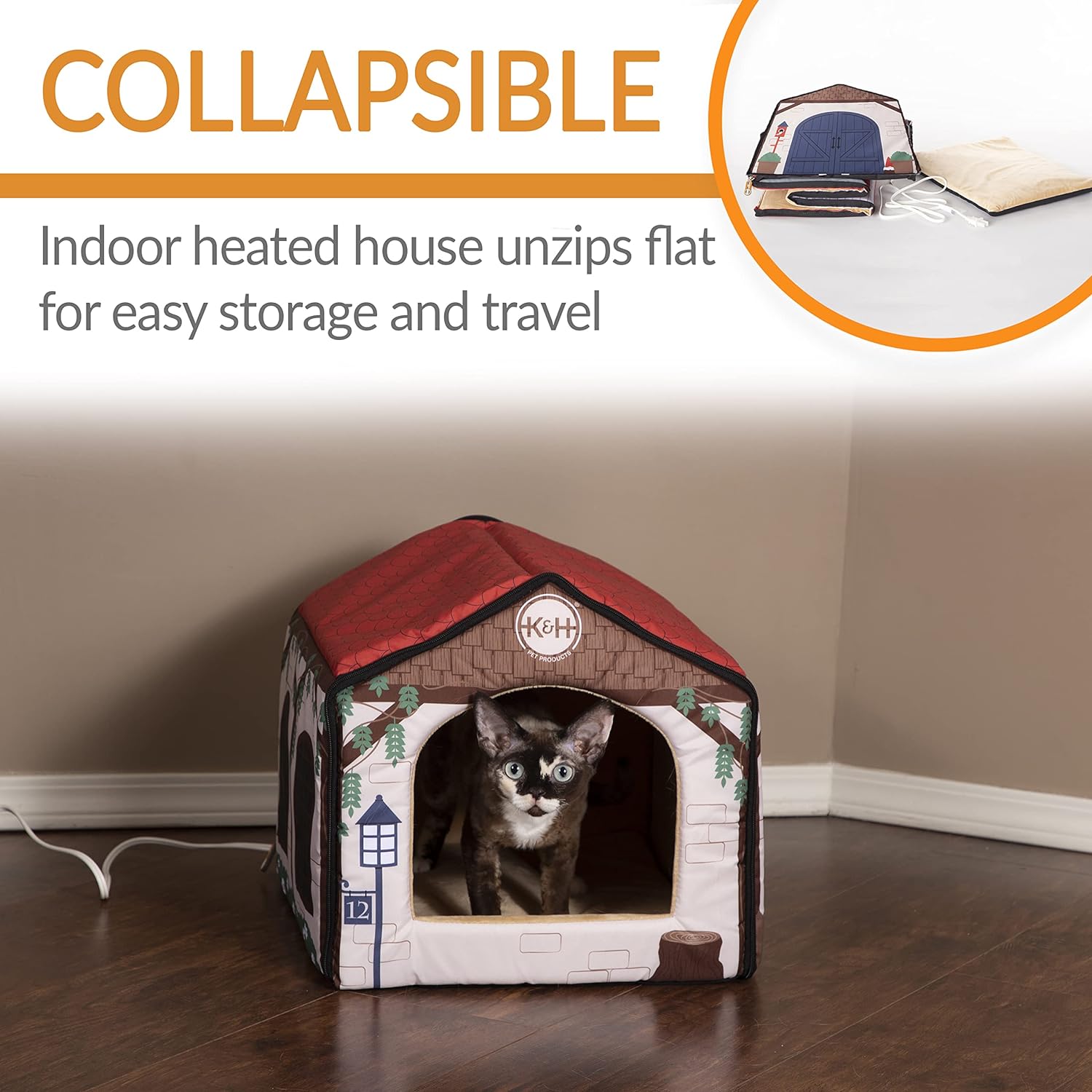 KampH Pet Products ThermoIndoor Pet House Heated Cat Bed for Dogs and Cats Cottage Design 16 X 15 X 14 InchesCottage Design