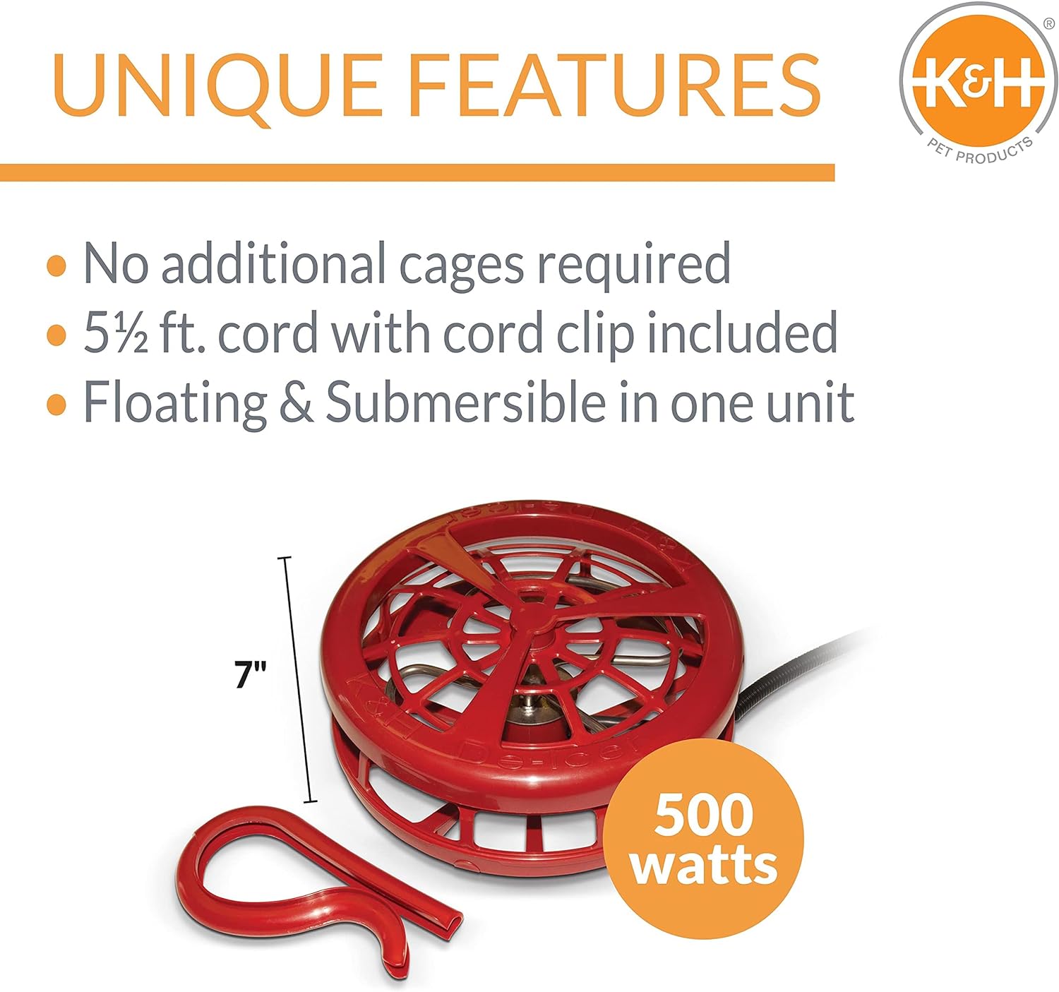 KampH Pet Products Ultimate Stock Tank Deicer w Cord Clip Water Trough Heater for Horses Cattle and Livestock Floating and Submersible Tank Heater Red 1500 Watts500 Watts Tank Deicer