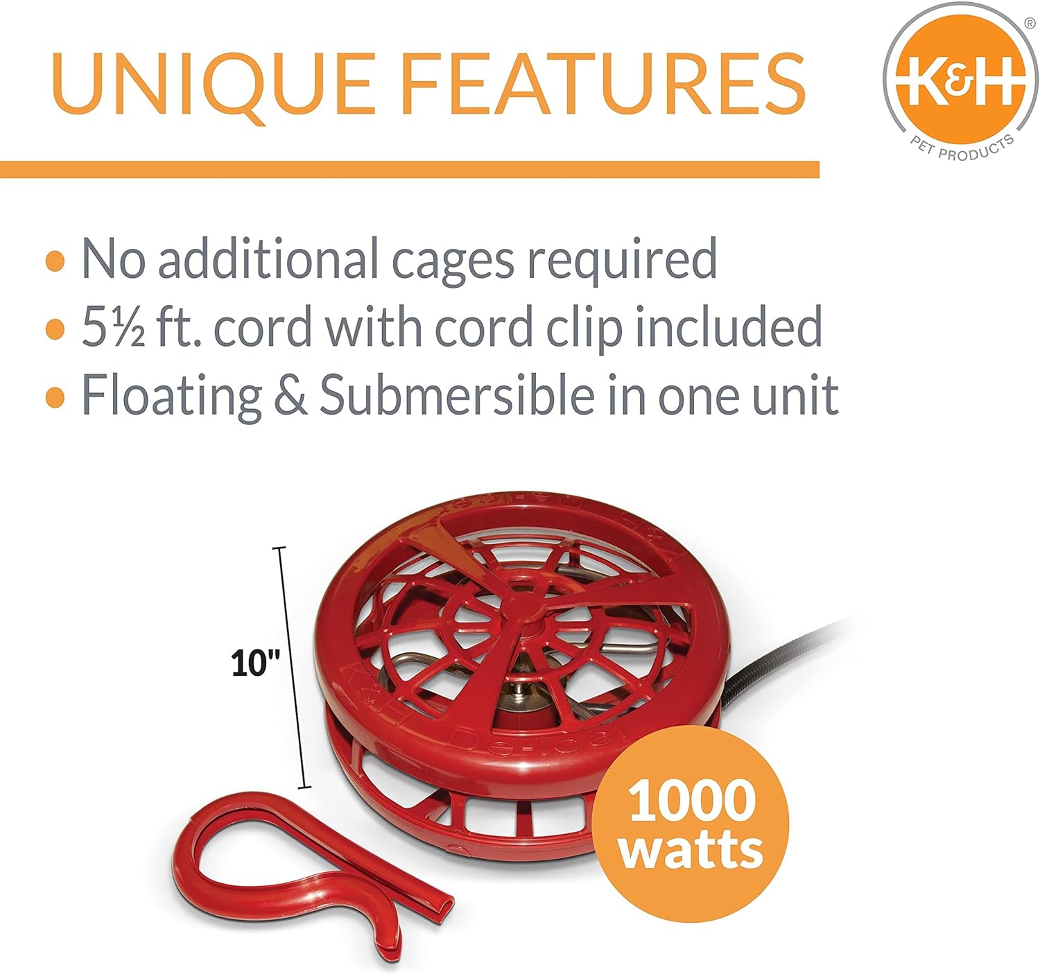KampH Pet Products Ultimate Stock Tank Deicer w Cord Clip Water Trough Heater for Horses Cattle and Livestock Floating and Submersible Tank Heater Red 1500 Watts1000 Watts Tank Deicer