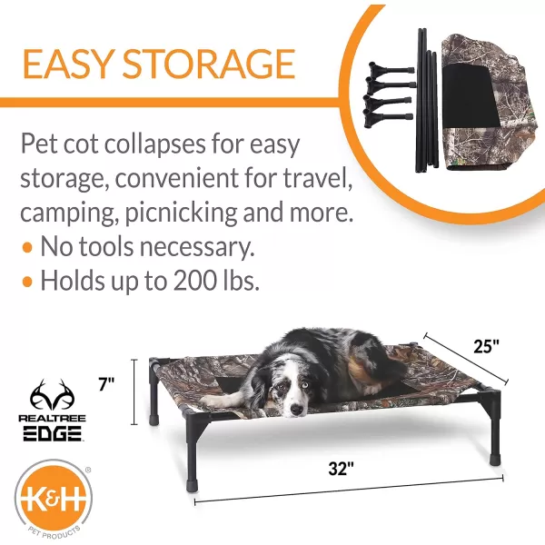 KampH Pet Products Cooling Elevated Dog Bed Outdoor Raised Dog Bed with Washable Breathable Mesh Dog Cot Bed NoSlip Rubber Feet Portable Dog Cot Indoor Outdoor Dog Bed XLarge ChocolateBlack MeshCot 320L x 250W x 70Th Realtree Edge CamoBlack Mesh