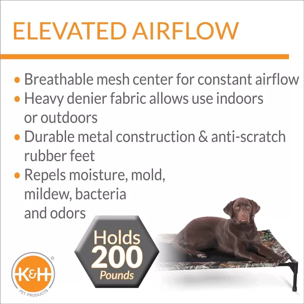 KampH Pet Products Cooling Elevated Dog Bed Outdoor Raised Dog Bed with Washable Breathable Mesh Dog Cot Bed NoSlip Rubber Feet Portable Dog Cot Indoor Outdoor Dog Bed XLarge ChocolateBlack MeshCot 420L x 300W x 70Th Realtree Edge CamoBlack Mesh