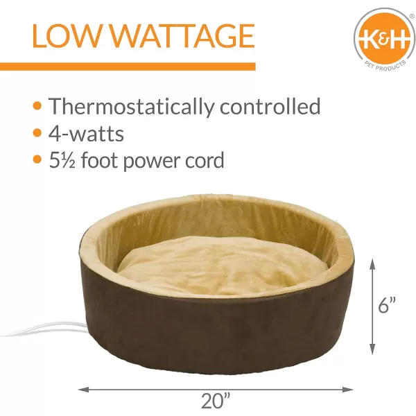 KampH Pet Products Heated Cat Bed ThermoKitty Bed Heated Pet Bed for Indoor Cats and Small Dogs Electric Thermal Plush Warming Pet Bed Calming Cat Heating Bed Large 20 Inches Round MochaTan200L x 200W x 60Th Retail Package Cat Bed