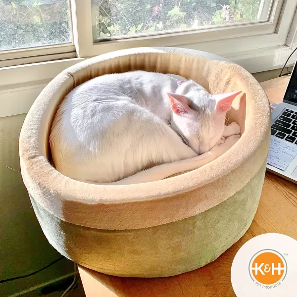 KampH Pet Products Heated Cat Bed ThermoKitty Bed Heated Pet Bed for Indoor Cats and Small Dogs Electric Thermal Plush Warming Pet Bed Calming Cat Heating Bed Large 20 Inches Round SageTan160L x 160W x 60Th Retail Package