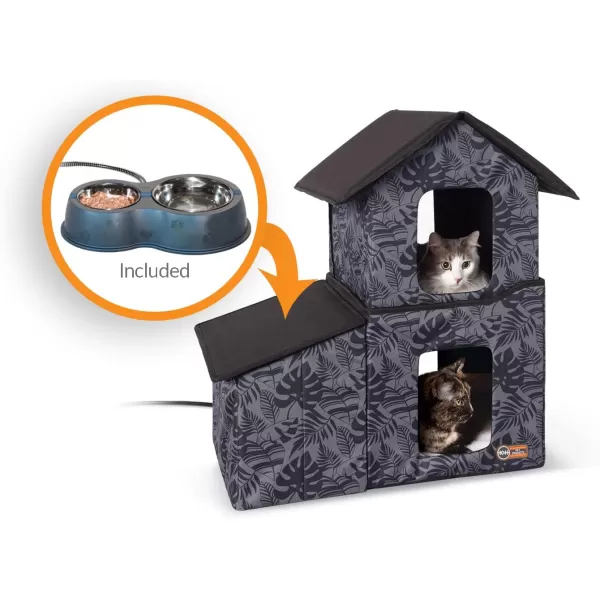 KampH Pet Products TwoStory Outdoor Kitty House with Dining Room Heated Gray Leaf 22 X 27 X 27 InchesGray Leaf Heated Bundle