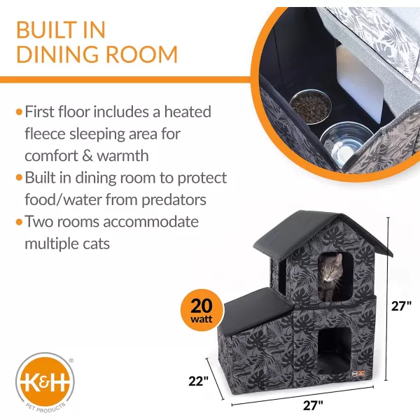 KampH Pet Products TwoStory Outdoor Kitty House with Dining Room Heated Gray Leaf 22 X 27 X 27 InchesGray Leaf Heated Bundle