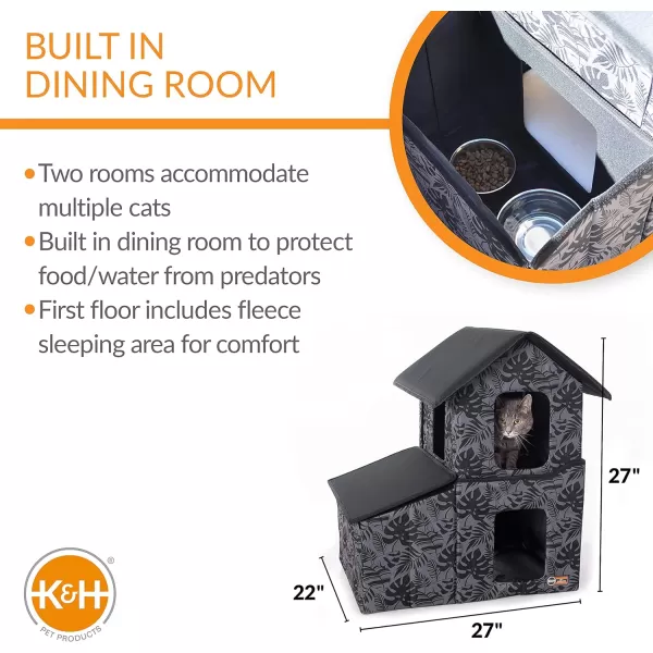 KampH Pet Products TwoStory Outdoor Kitty House with Dining Room Heated Gray Leaf 22 X 27 X 27 InchesGray Leaf Unheated