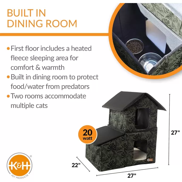 KampH Pet Products TwoStory Outdoor Kitty House with Dining Room Heated Gray Leaf 22 X 27 X 27 InchesGreen Leaf Heated