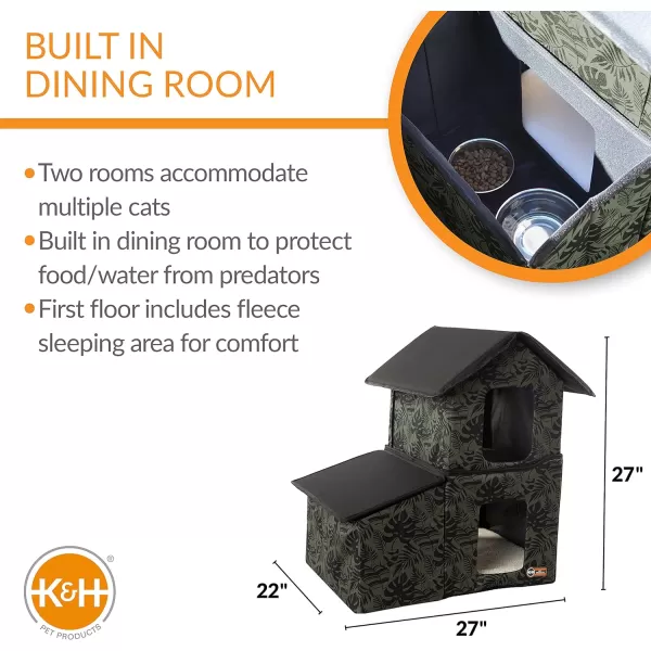 KampH Pet Products TwoStory Outdoor Kitty House with Dining Room Heated Gray Leaf 22 X 27 X 27 InchesGreen Leaf Unheated