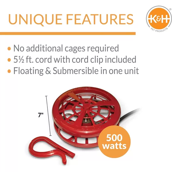 KampH Pet Products Ultimate Stock Tank Deicer w Cord Clip Water Trough Heater for Horses Cattle and Livestock Floating and Submersible Tank Heater Red 1500 Watts500 Watts Tank Deicer