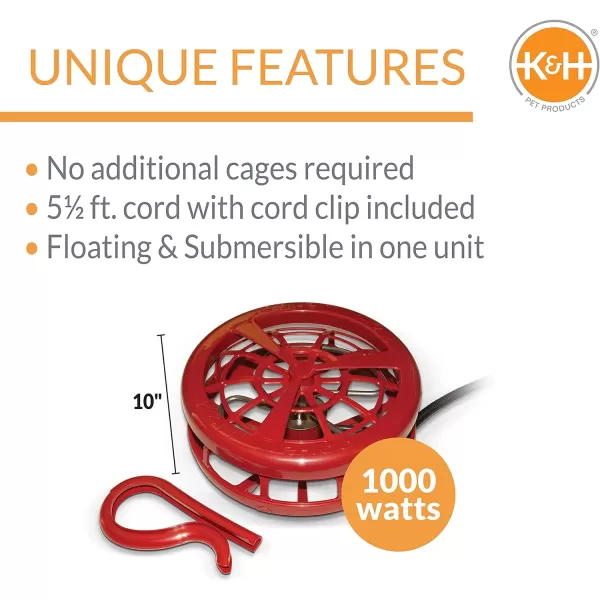 KampH Pet Products Ultimate Stock Tank Deicer w Cord Clip Water Trough Heater for Horses Cattle and Livestock Floating and Submersible Tank Heater Red 1500 Watts1000 Watts Tank Deicer