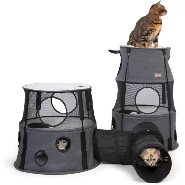 KampH Pet Products Cat Playground Bundle with 3 Level Tower  T Tunnel Tube  2 Level Tower Cat Tower Tree Condo for Indoor Cat Playground Kitty Activity Tree Cave Cozy Hideaway Center DenimClassy Gray Cat Playground Bundle