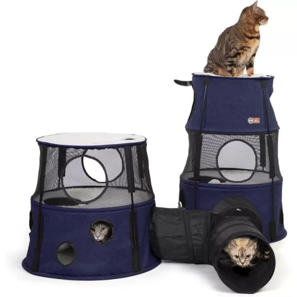 KampH Pet Products Cat Playground Bundle with 3 Level Tower  T Tunnel Tube  2 Level Tower Cat Tower Tree Condo for Indoor Cat Playground Kitty Activity Tree Cave Cozy Hideaway Center DenimClassy Dark Denim Cat Playground Bundle