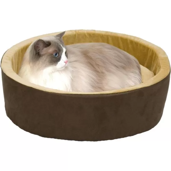 KampH Pet Products Heated Cat Bed ThermoKitty Bed Heated Pet Bed for Indoor Cats and Small Dogs Electric Thermal Plush Warming Pet Bed Calming Cat Heating Bed Large 20 Inches Round MochaTan200L x 200W x 60Th Retail Package Cat Bed