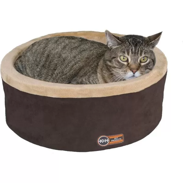 KampH Pet Products Heated Cat Bed ThermoKitty Bed Heated Pet Bed for Indoor Cats and Small Dogs Electric Thermal Plush Warming Pet Bed Calming Cat Heating Bed Large 20 Inches Round MochaTan200L x 200W x 60Th Recyclable Box Cat Bed