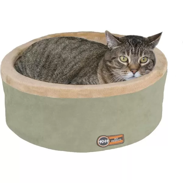 KampH Pet Products Heated Cat Bed ThermoKitty Bed Heated Pet Bed for Indoor Cats and Small Dogs Electric Thermal Plush Warming Pet Bed Calming Cat Heating Bed Large 20 Inches Round SageTan200L x 200W x 60Th Recyclable Box