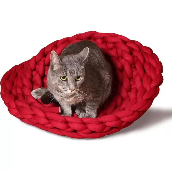 KampH Pet Products Knitted Cat Bed Round Flexible Pet Bed Red 17 X 4 InchesRed