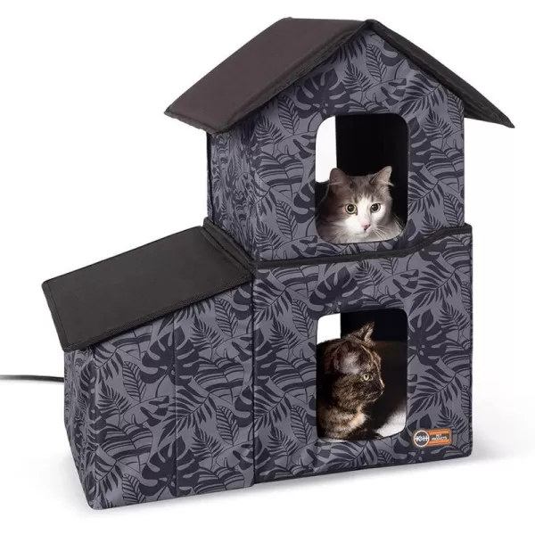 KampH Pet Products TwoStory Outdoor Kitty House with Dining Room Heated Gray Leaf 22 X 27 X 27 InchesGray Leaf Heated