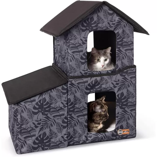 KampH Pet Products TwoStory Outdoor Kitty House with Dining Room Heated Gray Leaf 22 X 27 X 27 InchesGray Leaf Unheated