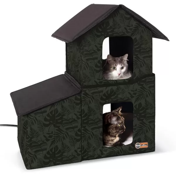 KampH Pet Products TwoStory Outdoor Kitty House with Dining Room Heated Gray Leaf 22 X 27 X 27 InchesGreen Leaf Heated