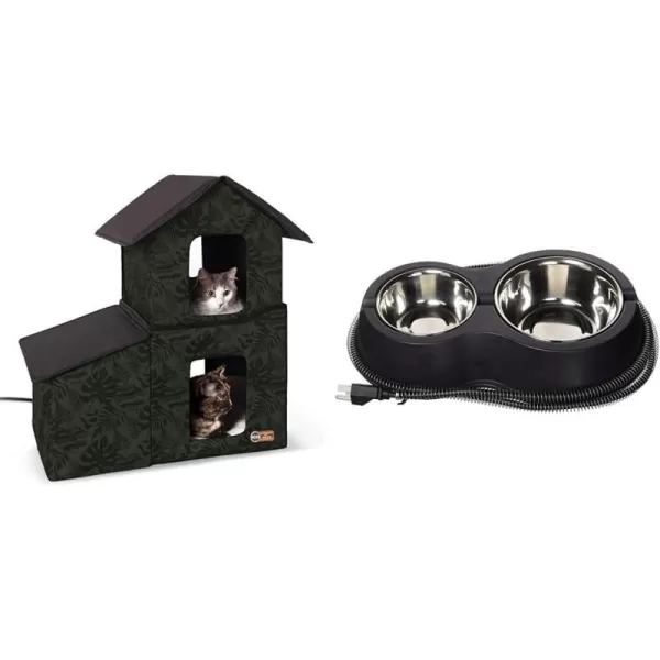 KampH Pet Products TwoStory Outdoor Kitty House with Dining Room Heated Gray Leaf 22 X 27 X 27 InchesGreen Leaf Heated Bundle