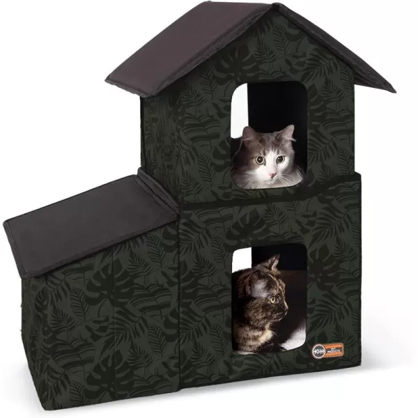 KampH Pet Products TwoStory Outdoor Kitty House with Dining Room Heated Gray Leaf 22 X 27 X 27 InchesGreen Leaf Unheated