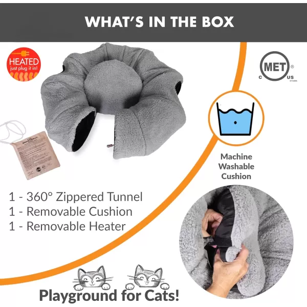 imageKampampH Pet Products Heated Cat Tunnel Bed for Indoor Cats  Donut Tunnel Toy Tube Hideaway Cave with Round Circle Bed Warming Center for Large Cats to Play ampamp Sleep  Removable Heater Included