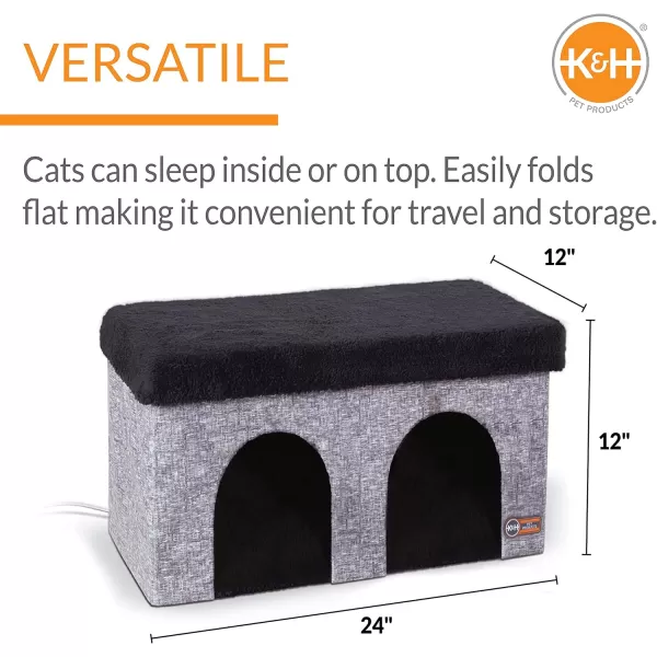 imageKampampH Pet Products ThermoKitty Duplex Indoor Heated Cat House Large Cat Cave for Pet Heated Cat House Foldable Cat Hideaway Classy Gray 12 X 24 X 12Classy Gray