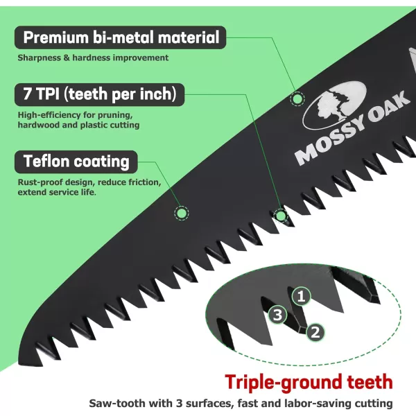 MOSSY OAK Folding Saw  7 Inch Pruning Hand Saw with Pouch D6A  M2 Bimetal Saw Blade Hunting Saw Foldable for Deer Tree Wood and Limb Cutting7 inches