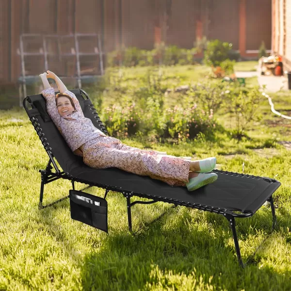 VILLEY Oversized Padded Chaise Lounge with Cushion Foldable Camping Cot Patio Reclining Lounge Chairs Folding Sleeping Bed for Outdoor Indoor Backyard Garden Camping Relaxing Beach TanningBlack