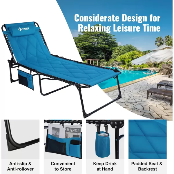 VILLEY Oversized Padded Chaise Lounge with Cushion Foldable Camping Cot Patio Reclining Lounge Chairs Folding Sleeping Bed for Outdoor Indoor Backyard Garden Camping Relaxing Beach TanningBlue